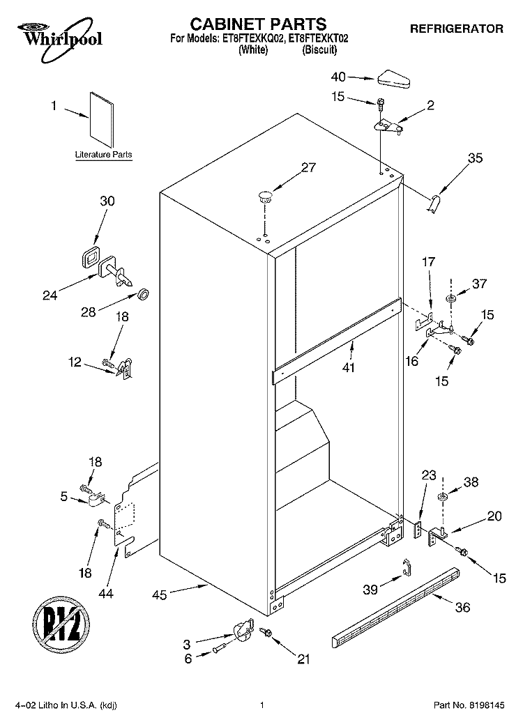 CABINET, LITERATURE Diagram and Parts List for ET8FTEXKT02  Whirlpool Refrigerator
