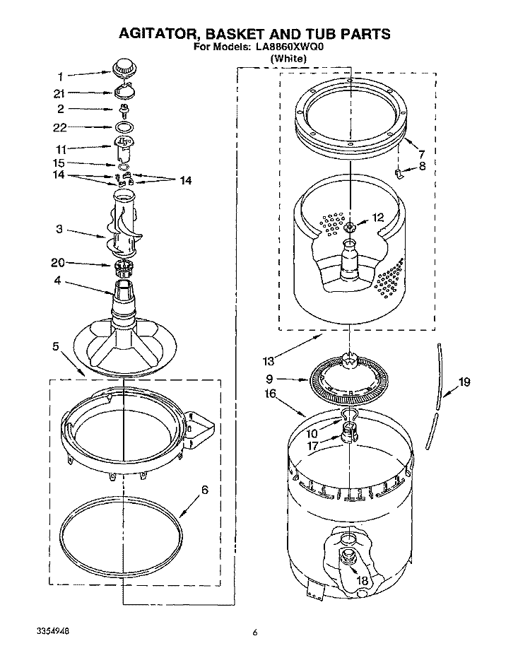 AGITATOR, BASKET AND TUB Diagram and Parts List for LA8860XWQ0  Whirlpool Washer