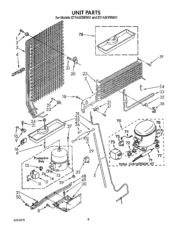 UNIT Diagram and Parts List for ET14JKXWN01  Whirlpool Refrigerator