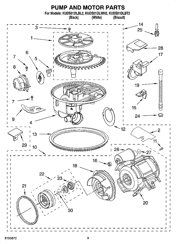 PUMP AND MOTOR PARTS Diagram and Parts List for KUDS01DLBT2  KitchenAid Dishwasher