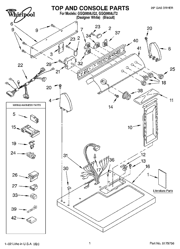TOP AND CONSOLE, LIT/OPTIONAL Diagram and Parts List for GGQ9858JQ2  Whirlpool Dryer