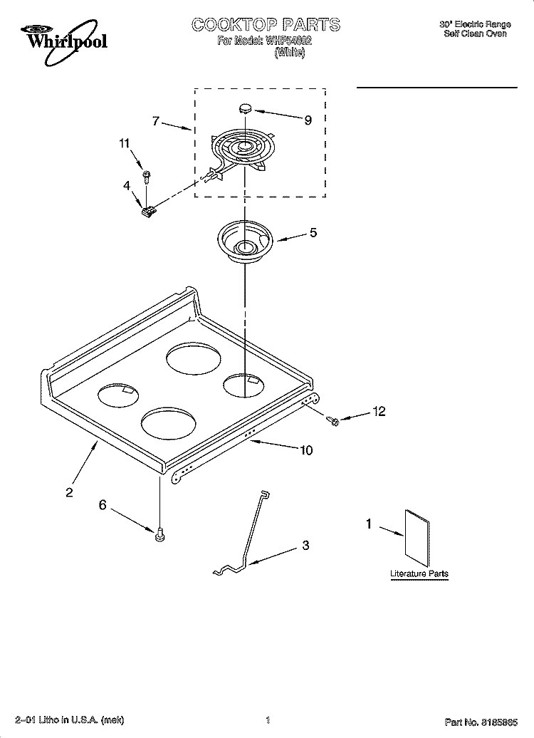 COOKTOP PARTS Diagram and Parts List for WHP54802  Whirlpool Range