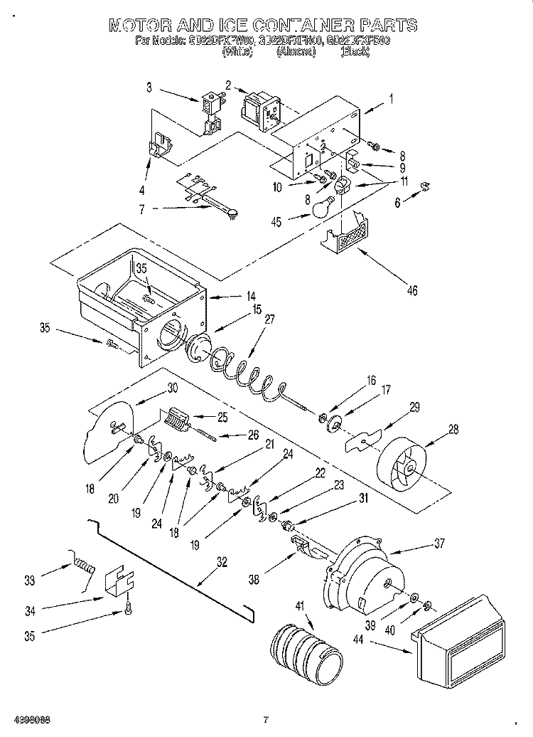 MOTOR AND ICE CONTAINER Diagram and Parts List for GD22DFXFB00  Whirlpool Refrigerator