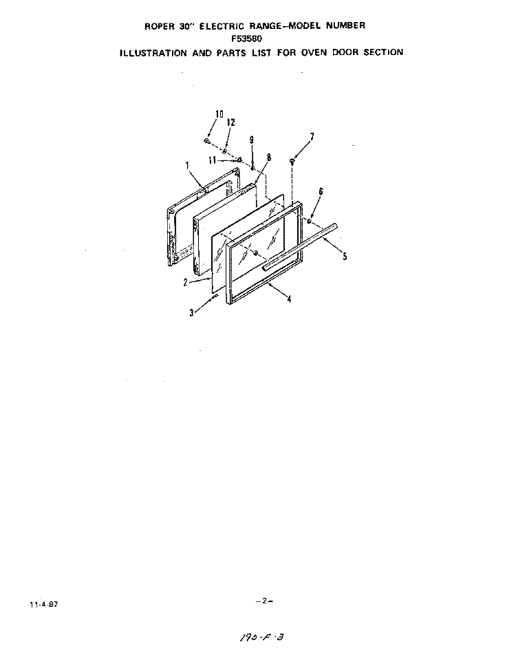 OVEN DOOR Diagram and Parts List for F5358W0  Roper Range