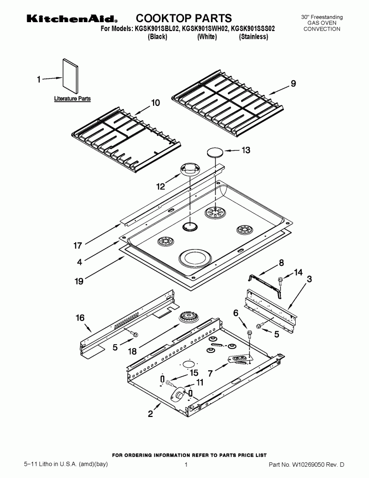COOKTOP PARTS Diagram and Parts List for KGSK901SBL02  KitchenAid Range