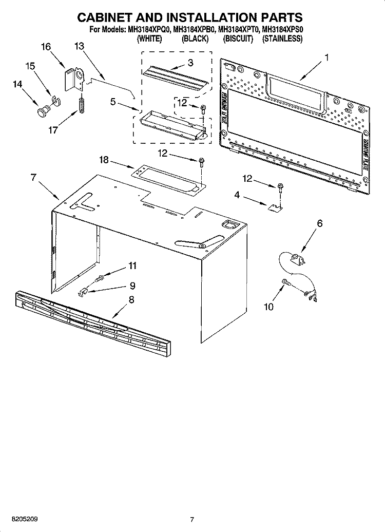 CABINET AND INSTALLATION PARTS Diagram and Parts List for MH3184XPS0  Whirlpool Microwave