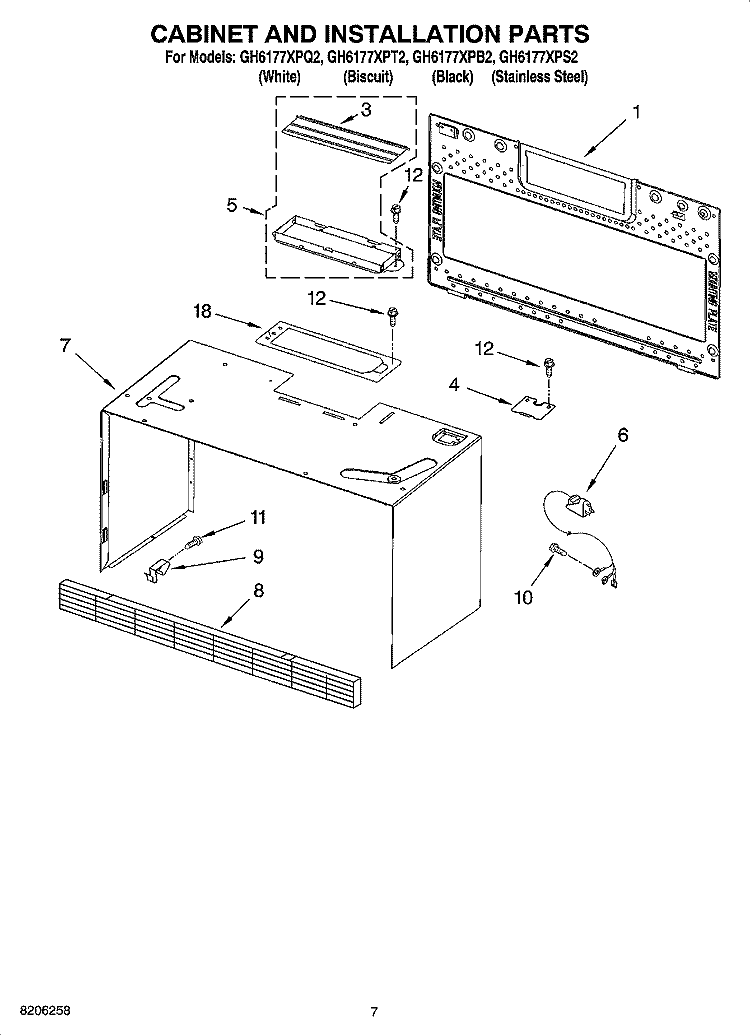 CABINET AND INSTALLATION PARTS Diagram and Parts List for GH6177XPB2  Whirlpool Microwave