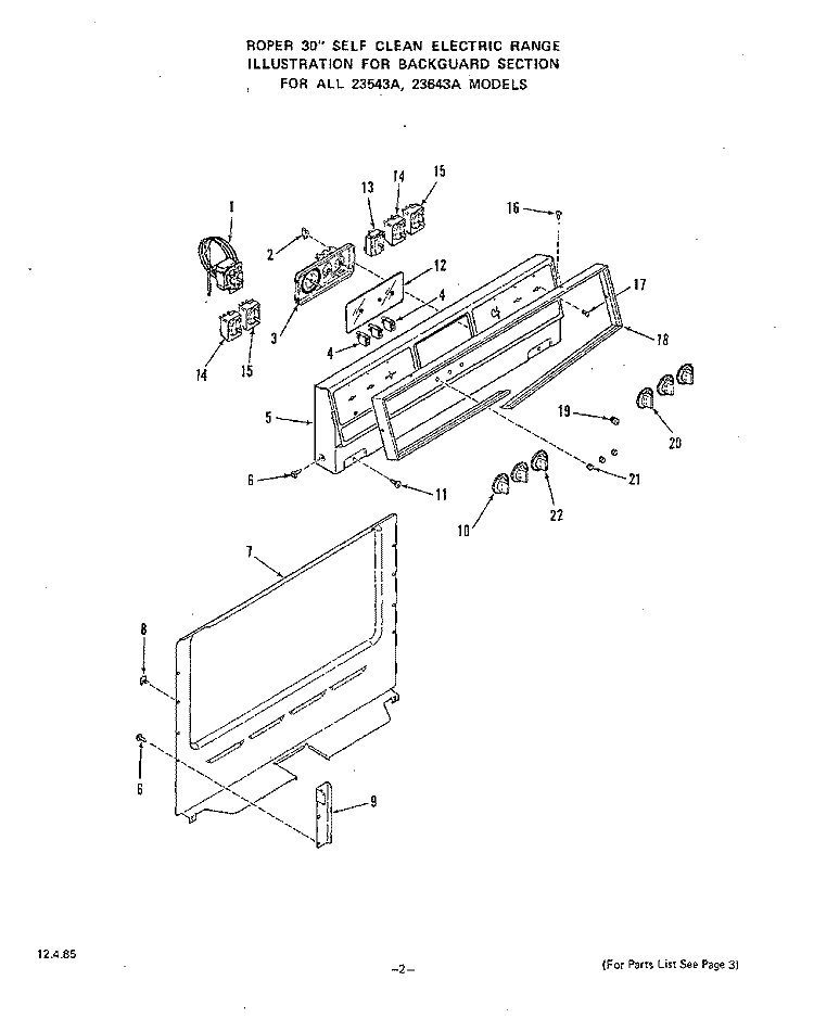 BACKGUARD Diagram and Parts List for 2364W3A  Roper Range