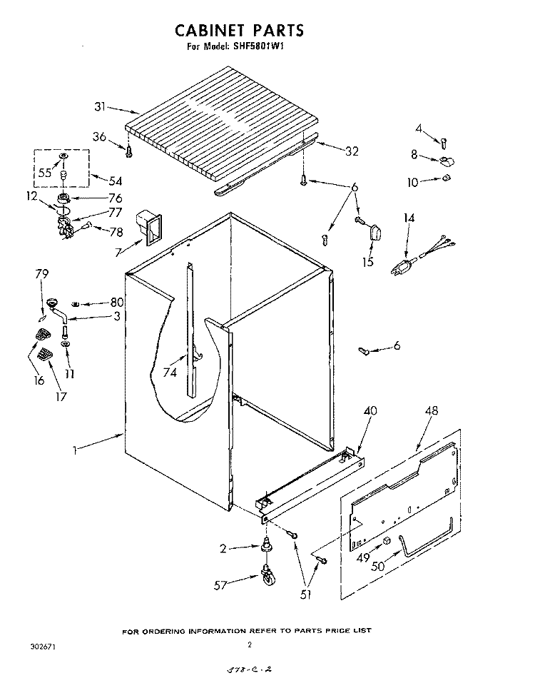 CABINET Diagram and Parts List for SHF5801W1  Whirlpool Dishwasher