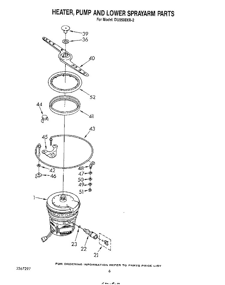 HEATER, PUMP AND LOWER SPRAY ARM Diagram and Parts List for DU9500XR2  Whirlpool Dishwasher