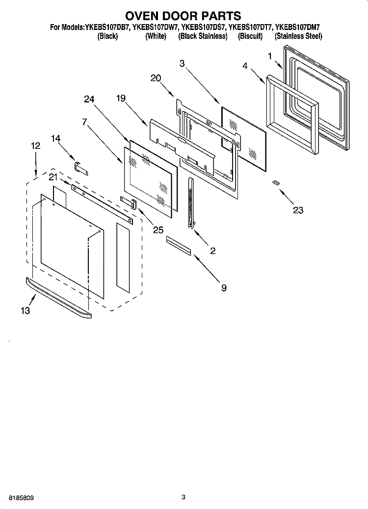OVEN DOOR PARTS Diagram and Parts List for YKEBS107DS7  KitchenAid Wall Oven