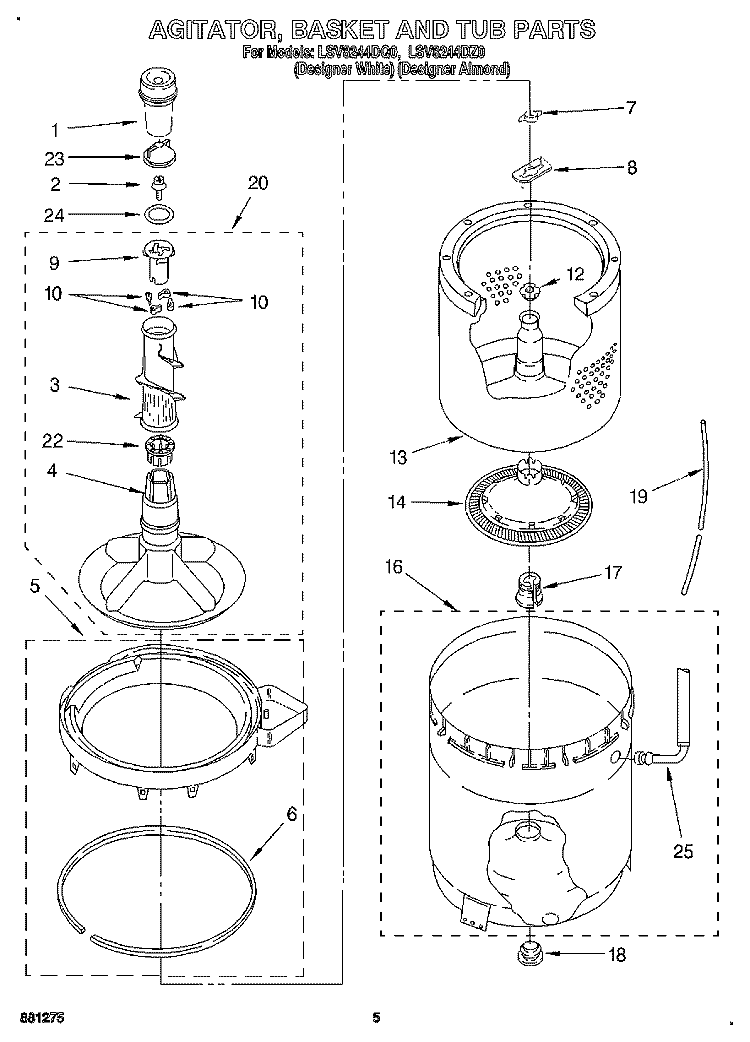 AGITATOR, BASKET AND TUB Diagram and Parts List for LSV8244DQ0  Whirlpool Washer