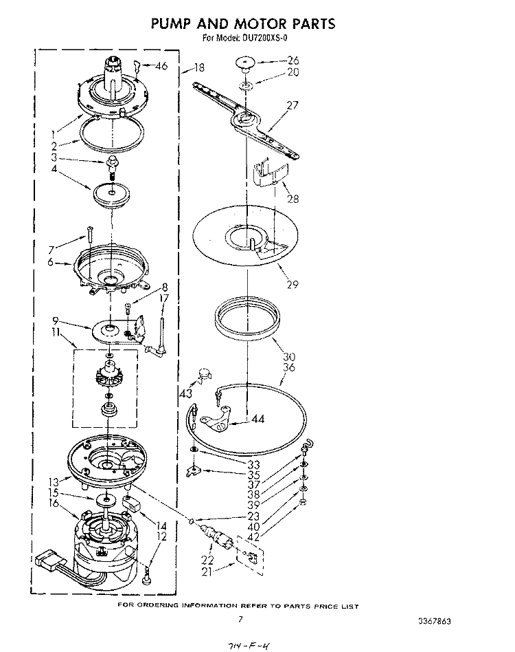 PUMP AND MOTOR Diagram and Parts List for DU7200XS0  Whirlpool Dishwasher