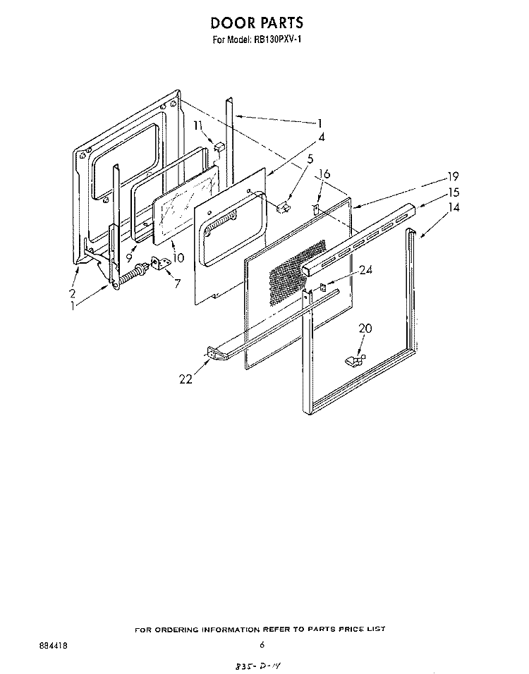 DOOR Diagram and Parts List for RB130PXV1  Whirlpool Wall Oven