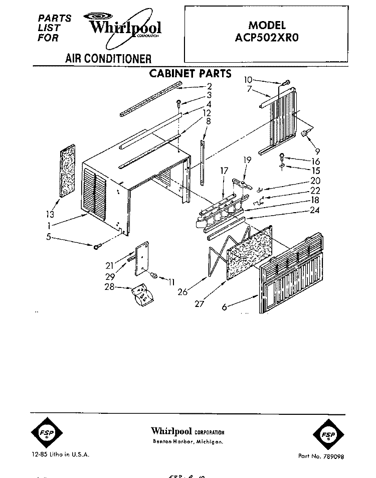 CABINET PARTS Diagram and Parts List for ACP502XR0  Whirlpool Air Conditioner