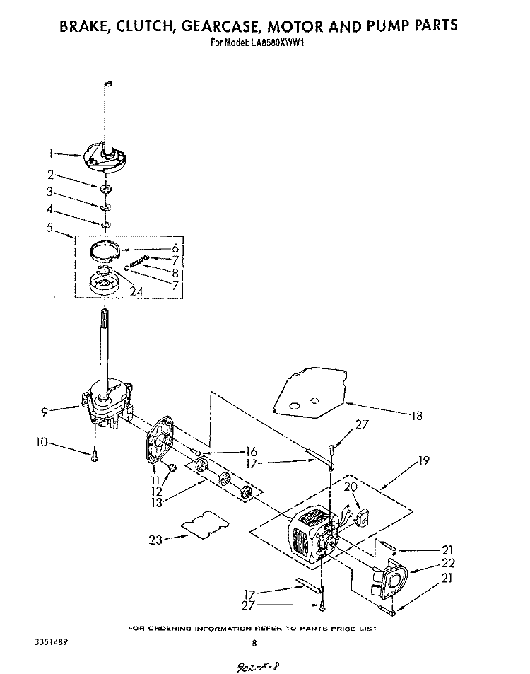 BRAKE, CLUTCH, GEARCASE, MOTOR AND PUMP Diagram and Parts List for LA8580XWN1  Whirlpool Washer