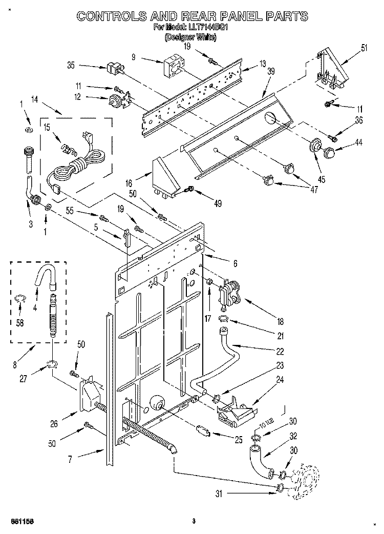 CONTROLS AND REAR PANEL Diagram and Parts List for LLT7144BQ1  Whirlpool Washer