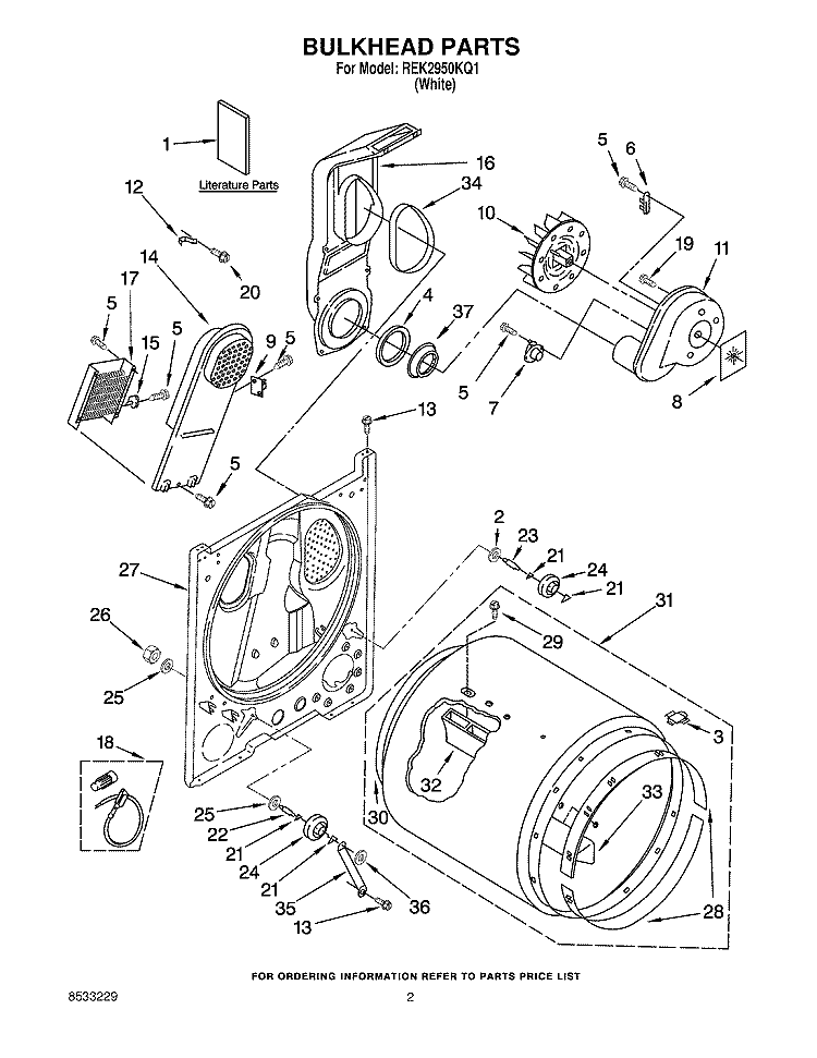 BULKHEAD PARTS, OPTIONAL PARTS (NOT INCLUDED) Diagram and Parts List for REK2950KQ1  Roper Dryer