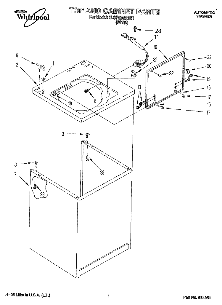 TOP AND CABINET, LIT/OPTIONAL Diagram and Parts List for 6LSP8255BW1  Whirlpool Washer