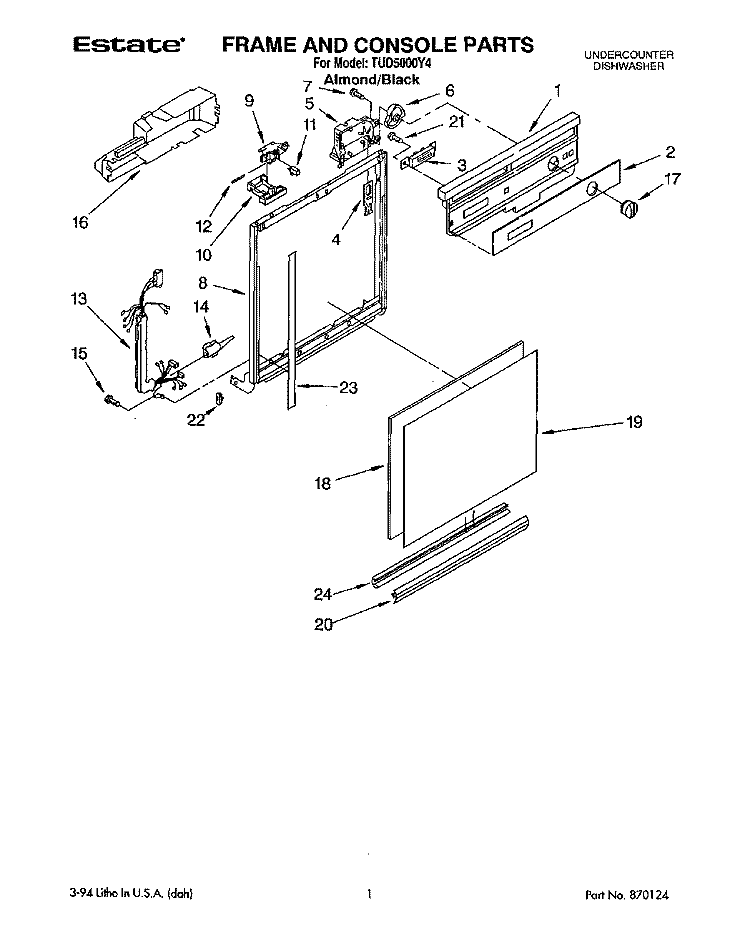 FRAME AND CONSOLE Diagram and Parts List for TUD5000Y4  Whirlpool Dishwasher