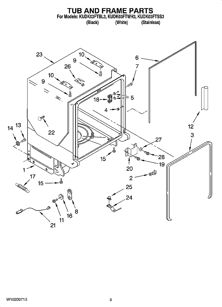 TUB AND FRAME PARTS Diagram and Parts List for KUDK03FTBL3  KitchenAid Dishwasher