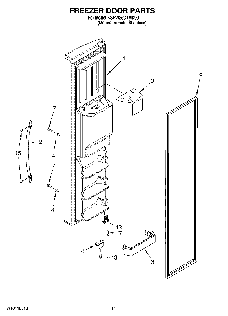 FREEZER DOOR PARTS Diagram and Parts List for KSRW25CTMK00  KitchenAid Refrigerator
