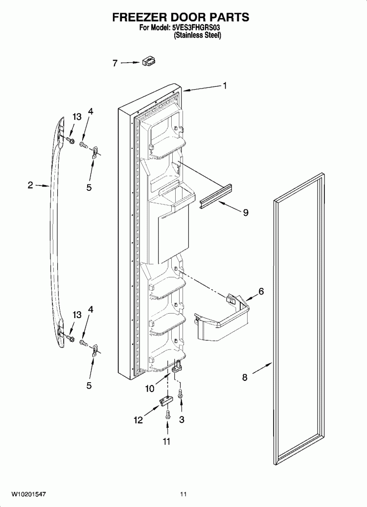 FREEZER DOOR PARTS Diagram and Parts List for 5VES3FHGRS03  Whirlpool Refrigerator