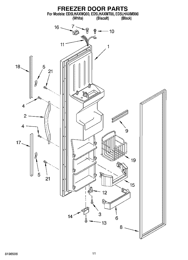 FREEZER DOOR PARTS Diagram and Parts List for ED5LHAXMB00  Whirlpool Refrigerator