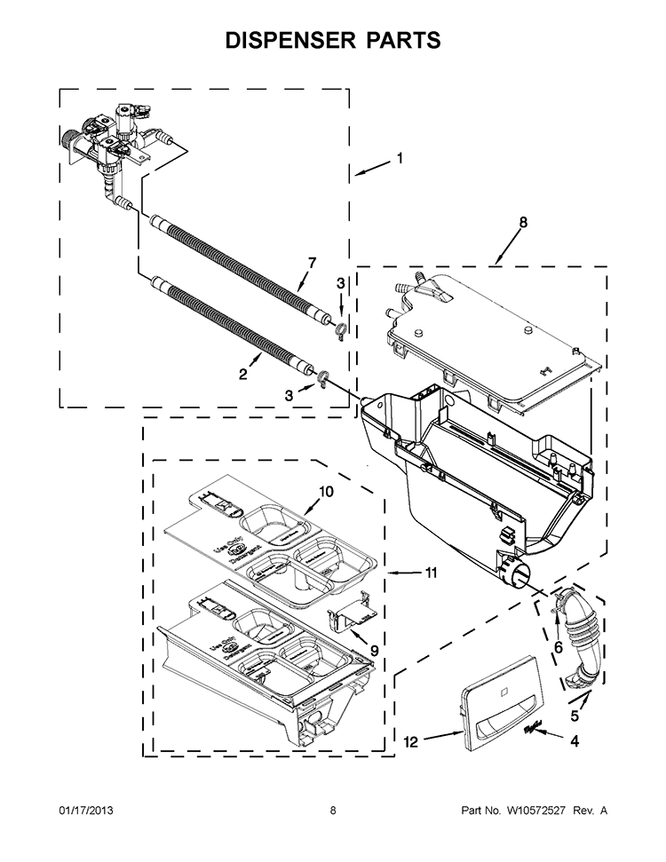 DISPENSER PARTS Diagram and Parts List for WFW70HEBW0  Whirlpool Washer