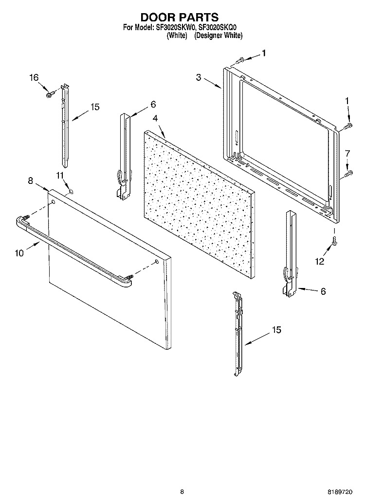 DOOR Diagram and Parts List for SF3020SKW0  Whirlpool Range