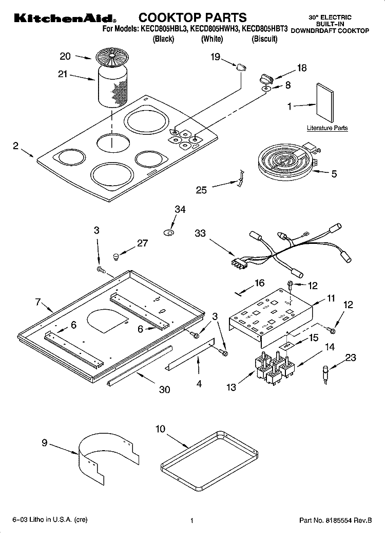 COOKTOP PARTS Diagram and Parts List for KECD805HBT3  KitchenAid Cooktop