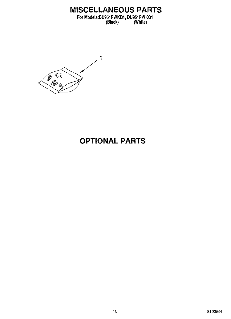 MISCELLANEOUS, OPTIONAL Diagram and Parts List for DU951PWKB1  Whirlpool Dishwasher