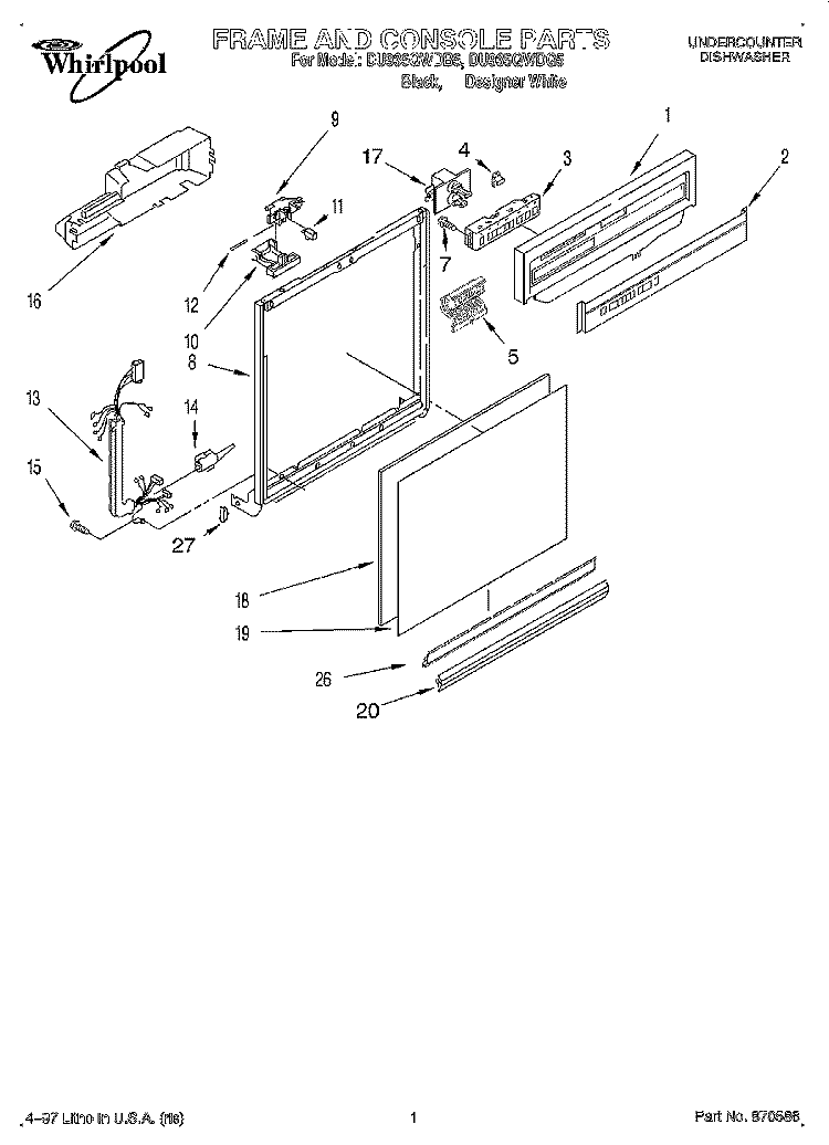 FRAME AND CONSOLE Diagram and Parts List for DU935QWDB5  Whirlpool Dishwasher