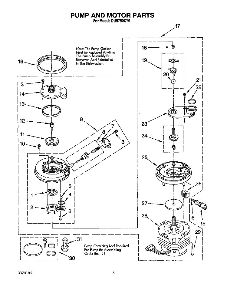 PUMP AND MOTOR Diagram and Parts List for DU9750XY0  Whirlpool Dishwasher