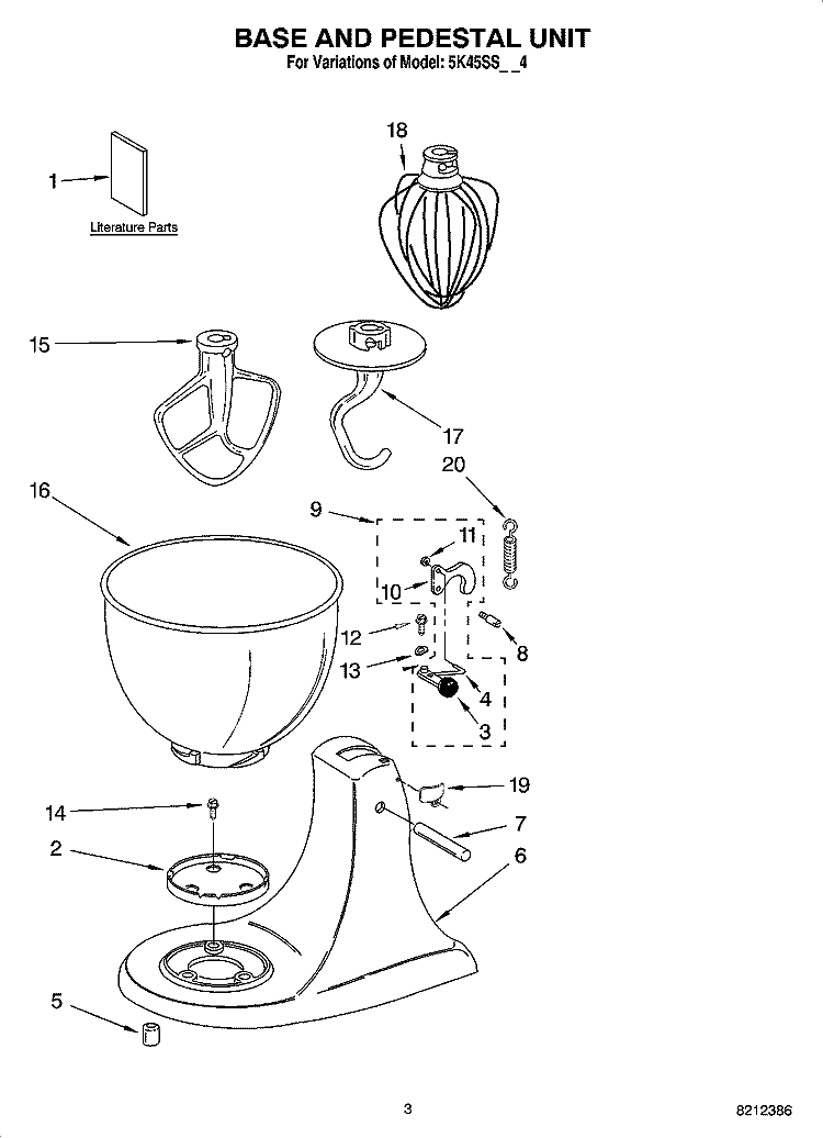 BASE AND PEDESTAL UNIT Diagram and Parts List for 5K45SSWH4  KitchenAid Mixer