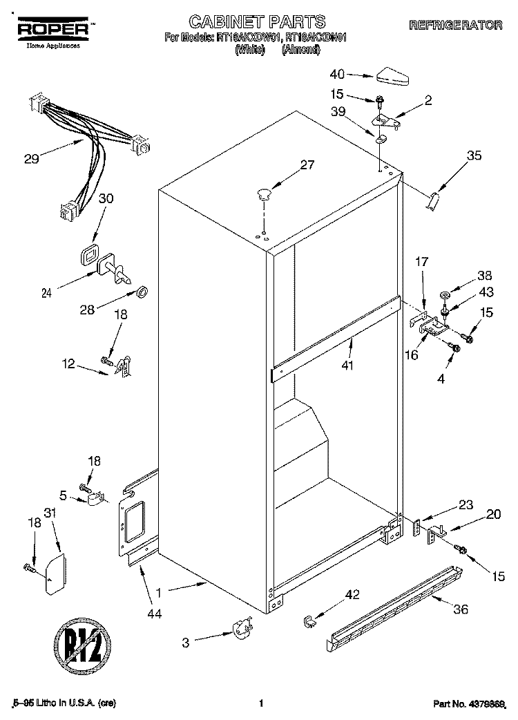 CABINET Diagram and Parts List for RT18AKXDN01  Roper Refrigerator