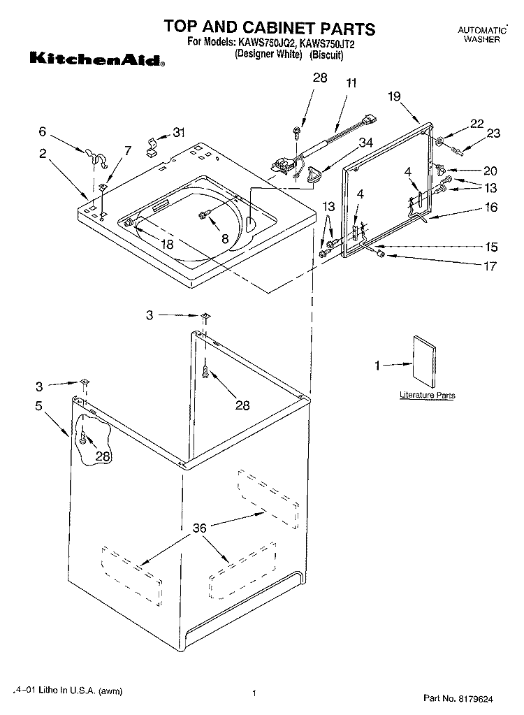 TOP AND CABINET, LITERATURE Diagram and Parts List for KAWS750JT2  KitchenAid Washer