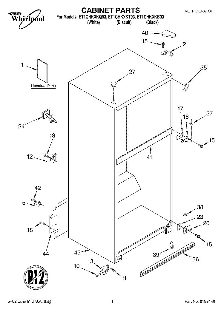 CABINET, LITERATURE Diagram and Parts List for ET1CHKXKB03  Whirlpool Refrigerator