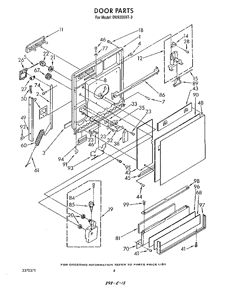 DOOR Diagram and Parts List for DU9200XT3  Whirlpool Dishwasher