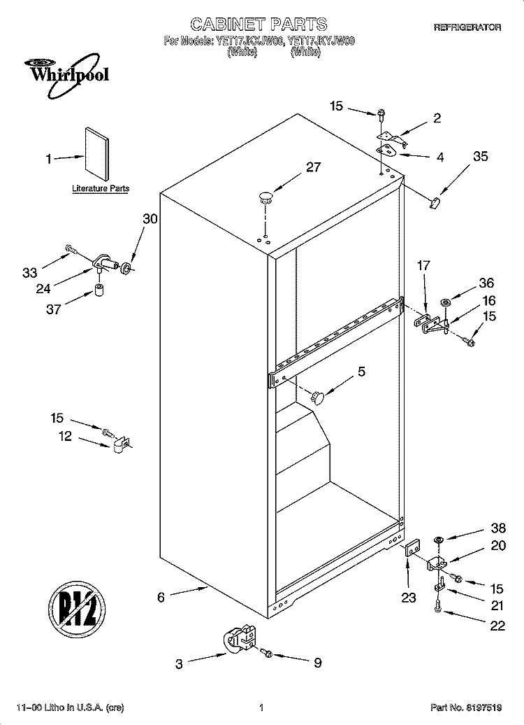CABINET PARTS Diagram and Parts List for YET17JKYJW00  Whirlpool Refrigerator