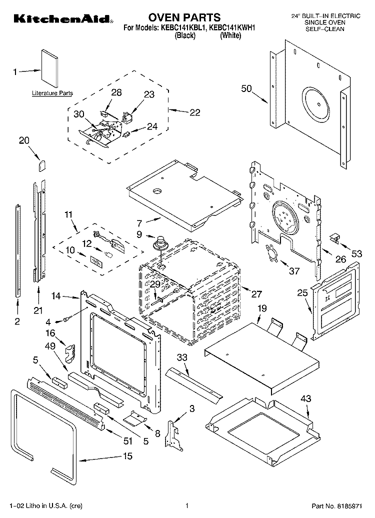 OVEN, LITERATURE Diagram and Parts List for KEBC141KWH1  KitchenAid Wall Oven