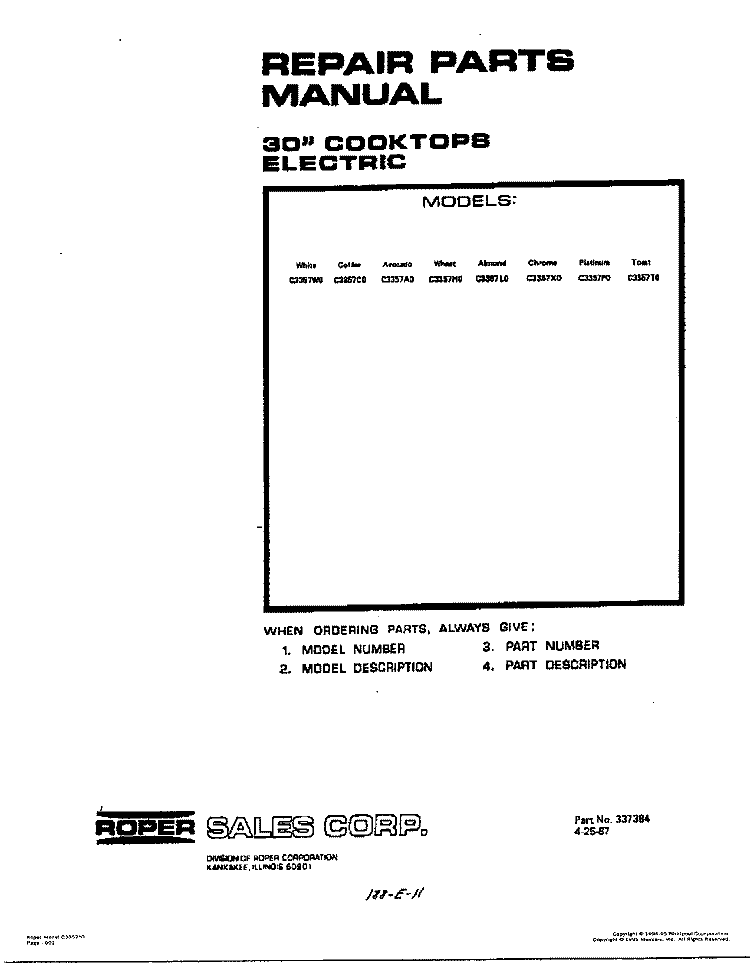 COVER Diagram and Parts List for C3357^0  Whirlpool Cooktop