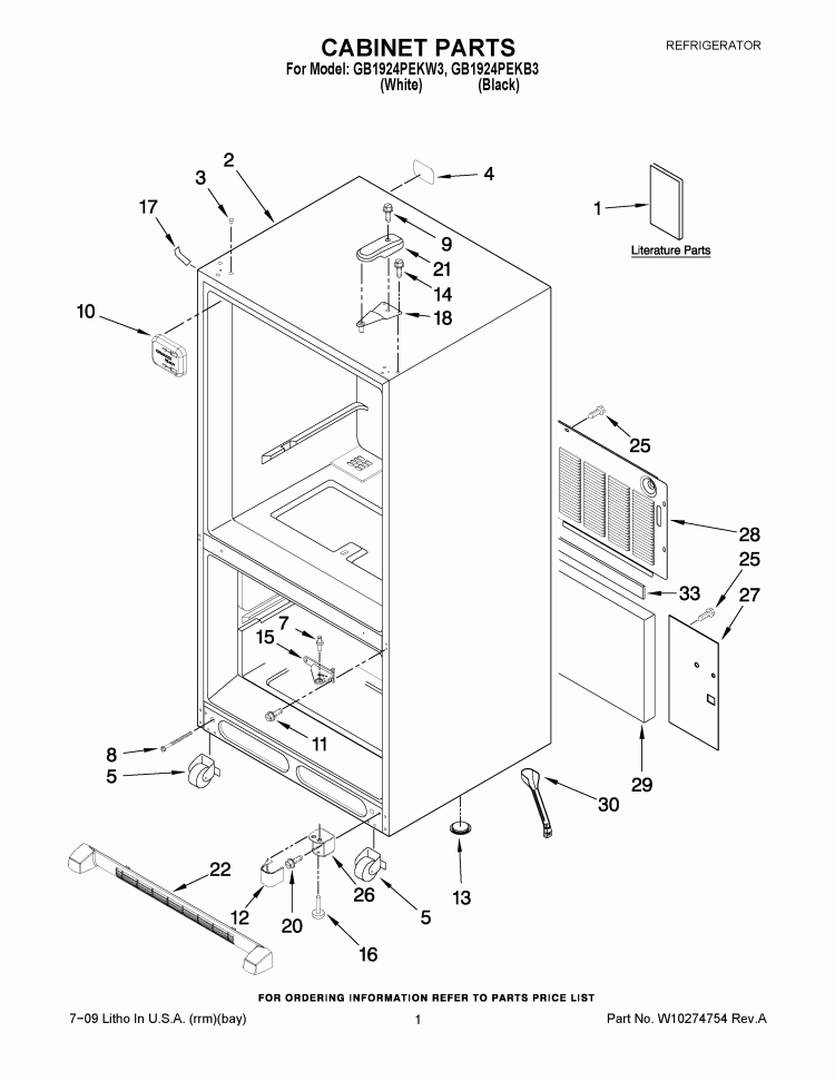 CABINET PARTS Diagram and Parts List for GB1924PEKB3  Whirlpool Refrigerator