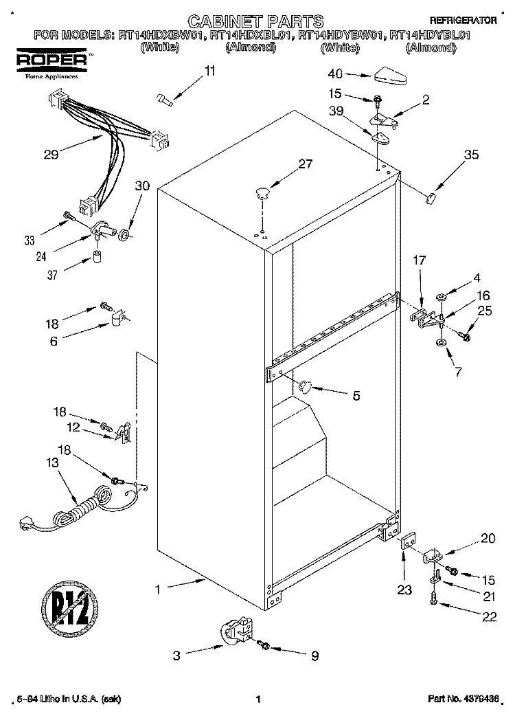 CABINET Diagram and Parts List for RT14HDYBL01  Roper Refrigerator