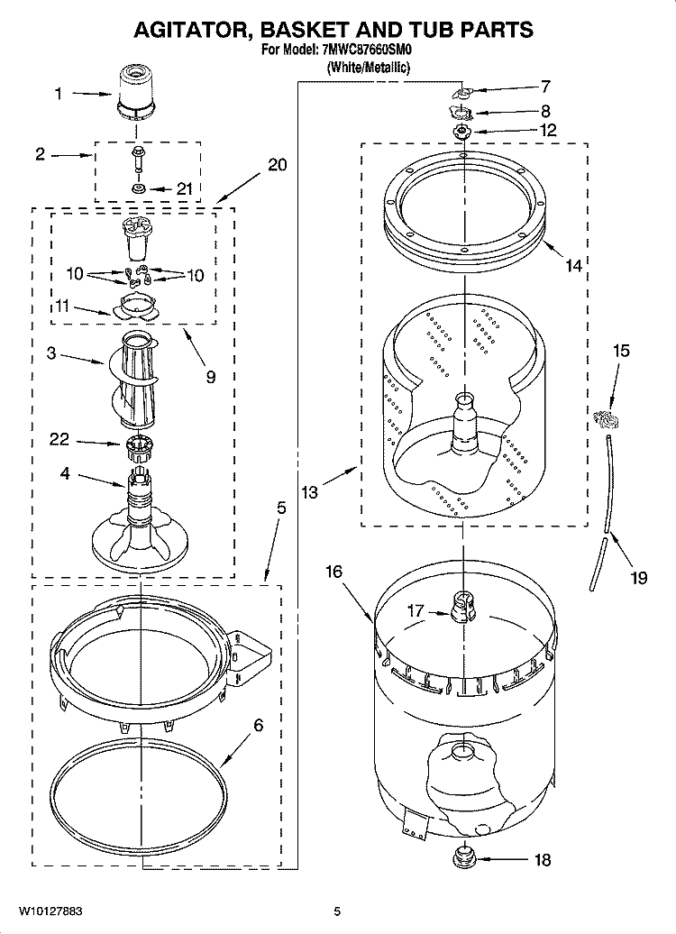 AGITATOR, BASKET AND TUB PARTS Diagram and Parts List for 7MWC87660SM0  Whirlpool Washer