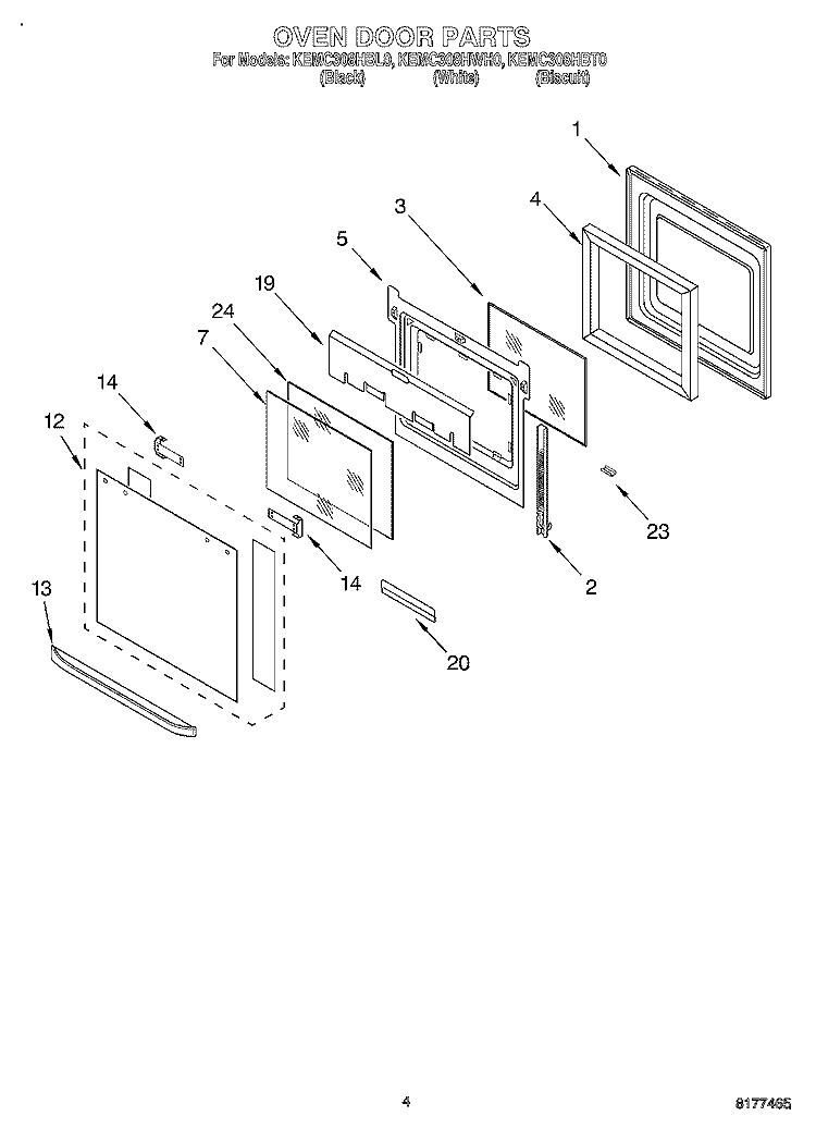 OVEN DOOR Diagram and Parts List for KEMC308HBL0  KitchenAid Microwave Oven Combo