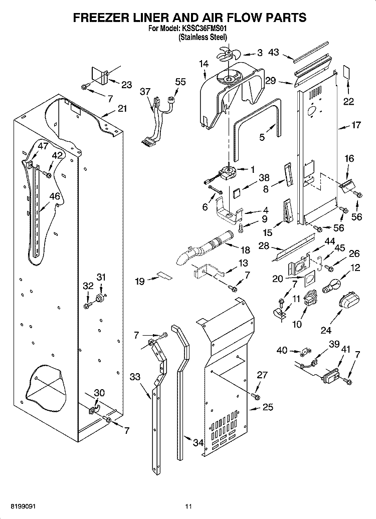 FREEZER LINER AND AIR FLOW PARTS Diagram and Parts List for KSSC36FMS01  KitchenAid Refrigerator