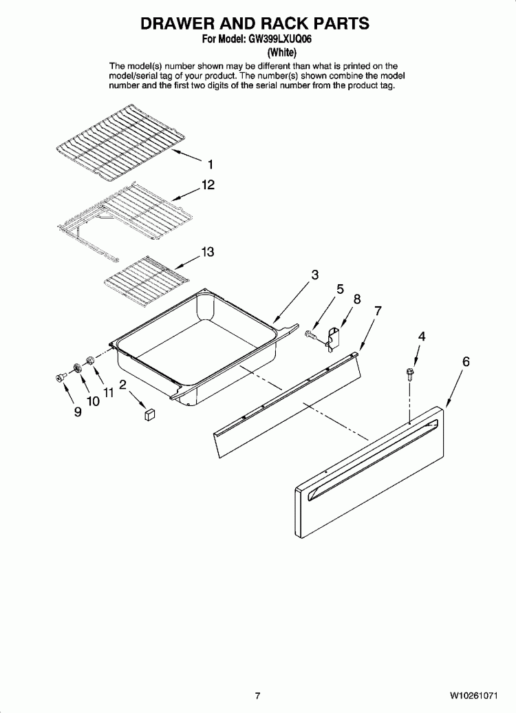 DRAWER AND RACK PARTS Diagram and Parts List for GW399LXUQ06  Whirlpool Range