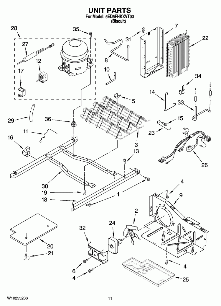 UNIT PARTS Diagram and Parts List for 5ED5FHKXVT00  Whirlpool Refrigerator