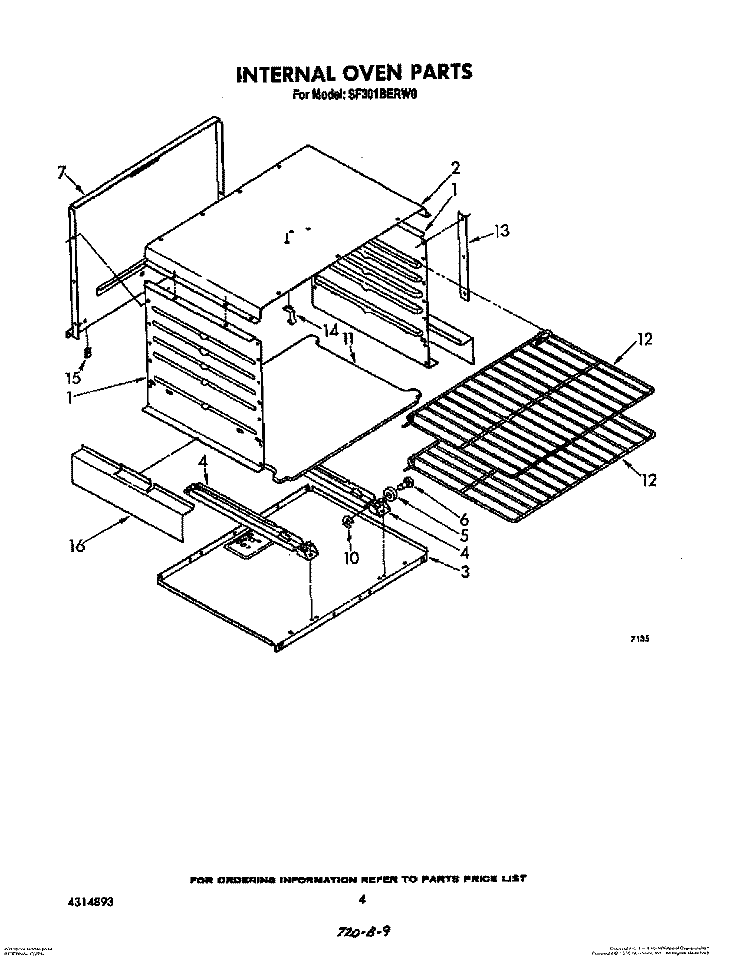 INTERNAL OVEN Diagram and Parts List for SF301BERW0  Whirlpool Range